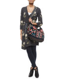 Izzy Embroidered Velvet Tote Bag, Black