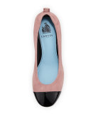 Nubuck Cube-Heel Cap-Toe Pump, Medium Pink/Black