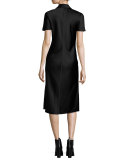 Short-Sleeve Collared Satin Shirtdress, Black