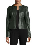 Collarless Zip-Front Lambskin Leather Jacket, Hunter Green