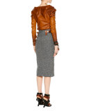 Shirred Long-Sleeve Degrade Leather Top, Cognac