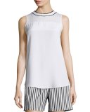 Pointelle-Yoke Stretch-Silk Shell, Bianco/Caviar