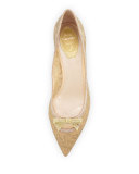 Lace Pointed-Toe Bow Flat, Gold