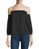 Off-The-Shoulder Stretch-Silk Blouse, Black 