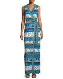 Yahzi Chevron Bands Wrap Maxi Dress, Blue