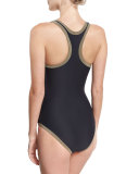 Bridgehampton Zip-Front One-Piece Swimsuit, Black/Gold