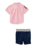 Striped Poplin Shirt w/ Twill Shorts, Red/White, Size 9-24 Months