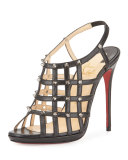 Guinievre Caged Leather Red Sole Sandal, Black/Gunmetal
