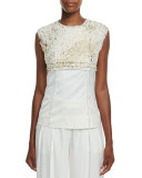 Sleeveless Foiled Lace Paneled Top, Gesso/Gold