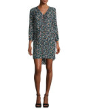August Pintucked Floral Silk Boho Dress, Black