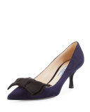 Suede Pointed-Toe 65mm Bow Pump, Bleu/Black