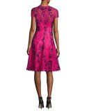 Short-Sleeve Floral Lace Cocktail Dress, Pink/Blue