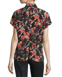 Eloise Short Dolman-Sleeve Floral-Print Silk Blouse, Black Multi