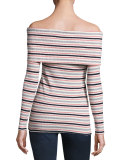 Ribbed Off-the-Shoulder Striped Long-Sleeve Top, Multicolor
