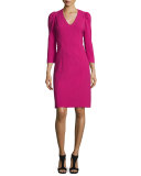 3/4-Sleeve Puff-Shoulder V-Neck Dress, Fuchsia
