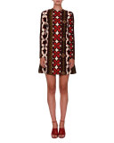 Long-Sleeve Cuban-Flower A-Line Mini Dress, Multi