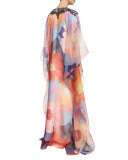 Embellished-Neck Floral-Print Caftan, Red Pattern