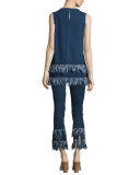 Sleeveless Frayed-Hem Tunic, Mid Blue