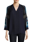 Sondra 3/4-Sleeve Lace-Trim Silk Blouse, Blue