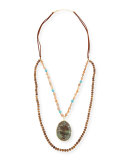 Long Wooden Bead Necklace w/ Jasper Pendant