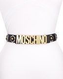 Floral Leather Logo Belt, Black/White
