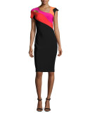 Short-Sleeve Cutout Colorblock Sheath Dress, Black/Rainbow