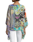 Floral Silk Chiffon Poncho, Aqua