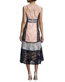 Sleeveless Colorblock Lace Midi Dress, Pink/Blue