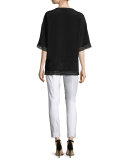Lace-Trim Half-Sleeve Top, Caviar