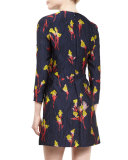 Floral-Jacquard 3/4-Sleeve Dress, Dark Topaz/Multi