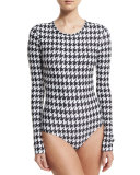 UPF 50 Long-Sleeve Houndstooth-Print Swimsuit