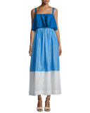 Colorblock Popover Prairie Dress, Blue/White