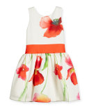 Sleeveless Floral Smocked Ponte Dress, White/Coral, Size 7-16