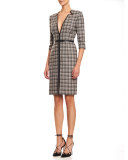 Leather-Trim V-Neck Plaid Dress, Black/Pink/Gray