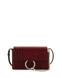 Faye Small Crocodile-Stamped Shoulder Bag, Dark Red