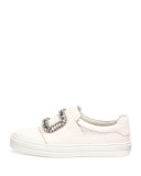 Leather Strass Buckle Sneaker, White (Bianco)