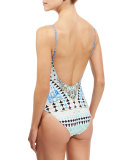 Printed One-Piece Swimsuit with Crystal Embellishment