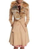 Nikita Belted Fox-Collar Dress Coat, Camel