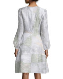 Bishop-Sleeve Printed Dress, Aqua