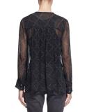 Bowtie Long-Sleeve Patterned Silk Tunic, Black