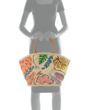 Leaf Appliqué Straw Tote, Natural 
