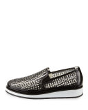 Maze Woven Leather Slip-On Sneaker, Black/Pewter