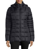 Short Hooded Down Zip-Front Jacket, Black