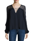 Long-Sleeve Silk Lace-Up Blouse, Midnight