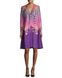 Paisley Ombre Cloqué V-Neck Coat, Purple/Pink