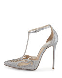 Crystal T-Strap Pointed-Toe Pump, Silver