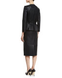 3/4-Sleeve Zip-Front Leather/Tweed Peplum Jacket, Black/Ivory