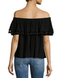 Dominga Gauze Off-the-Shoulder Tassel-Trim Top, Black