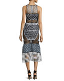 Sleeveless Mesh-Inset Midi Dress, Black/White