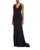 Sleeveless V-Neck Fluted Gown, Black